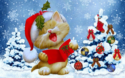 Новогодний котик - игрушки, елка, снег, кот - оригинал