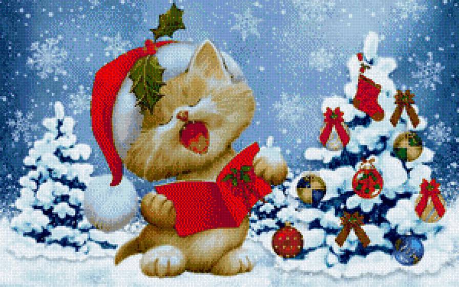 Новогодний котик - снег, игрушки, кот, елка - предпросмотр