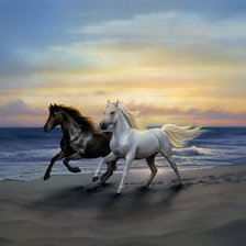 Бегущие по берегу кони