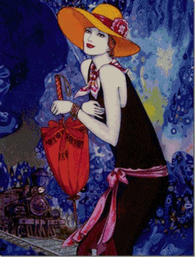 Леди с зонтиком - живопись, акварель, абстракция - предпросмотр