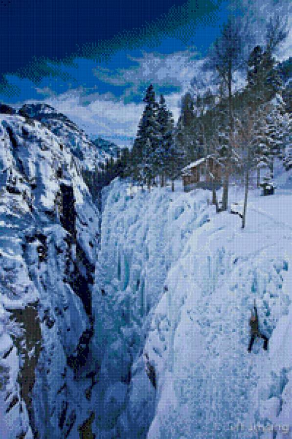 Замерзший водопад - лес, лед, горы, снег - предпросмотр