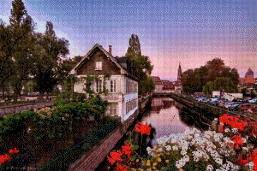 домик у реки - дом, цветы, река - предпросмотр