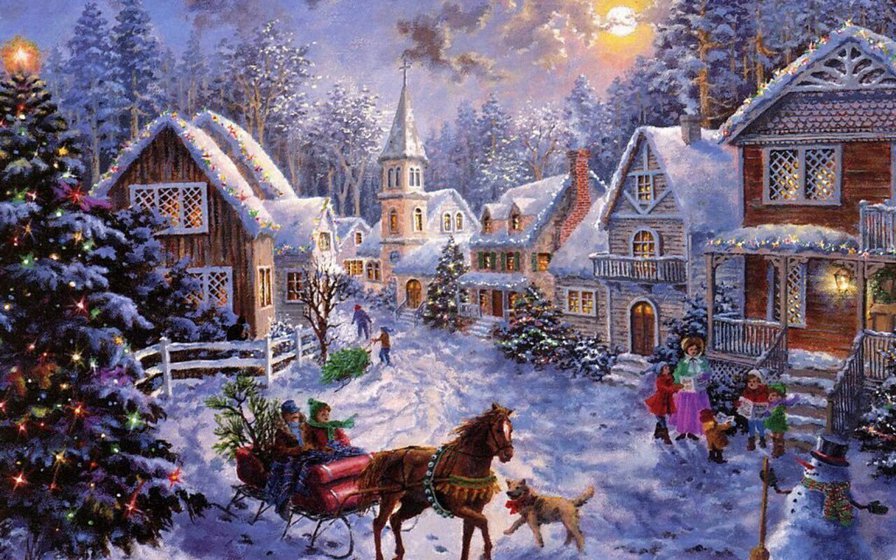Перед рождеством - люди, снег, елка, лошадь, дома - оригинал