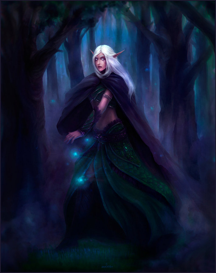 Ночная эльфийка - девушка, фентази, иллюстрации, эльф, красота, природа - оригинал