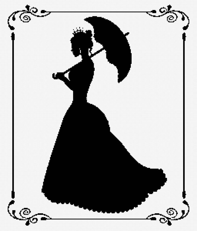 Принцесса с зонтом - зонт, принцесса, принцесса с зонтом, черно-белый - предпросмотр