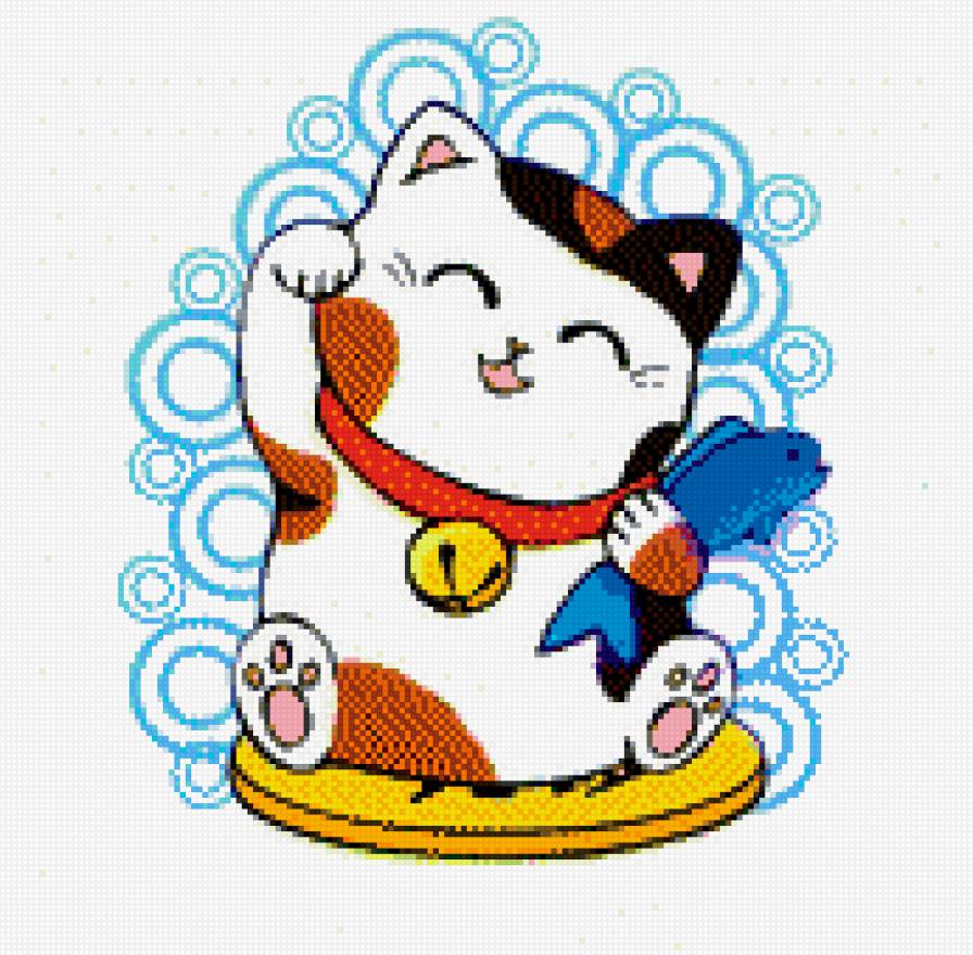 Манеки-нэко с рыбой - талисман, манеки-нэко, кошки, япония - предпросмотр