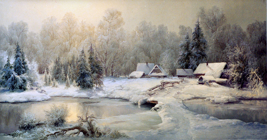 зима в деревне - река, сугробы, зима.снег, домик, зимний пейзаж, деревня, природа, лес - оригинал