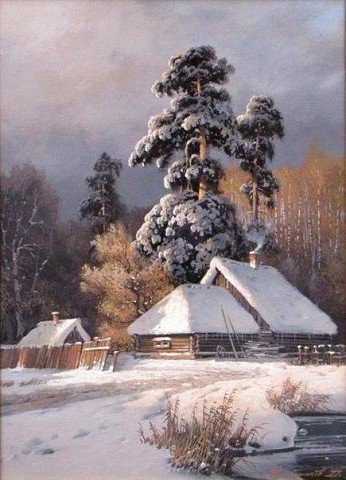 русская зима 3 - зимний пейзаж, природа, домик, река, лес, деревня, сугробы, зима.снег - оригинал