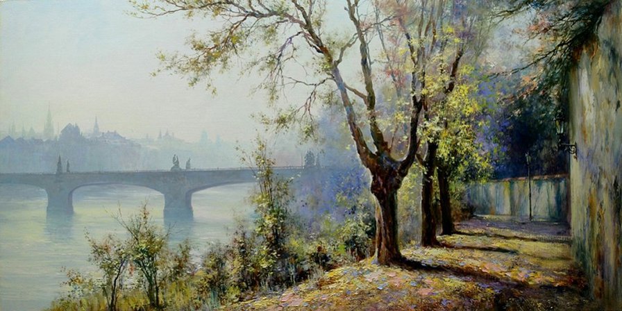 пейзаж - осень, набережная, мост.природа, река, туман, дымка - оригинал