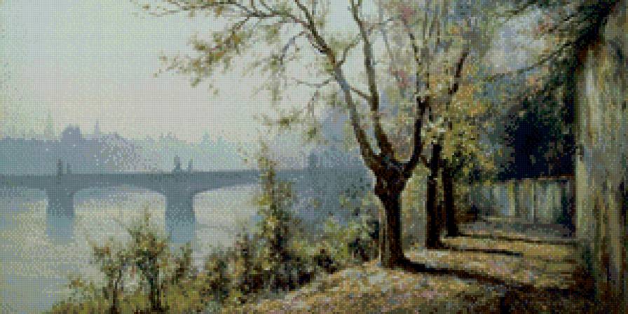 пейзаж - набережная, осень, туман, мост.природа, дымка, река - предпросмотр