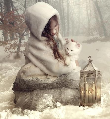 Девочка с котенком - зима, лес, снег, девочка, котенок - оригинал
