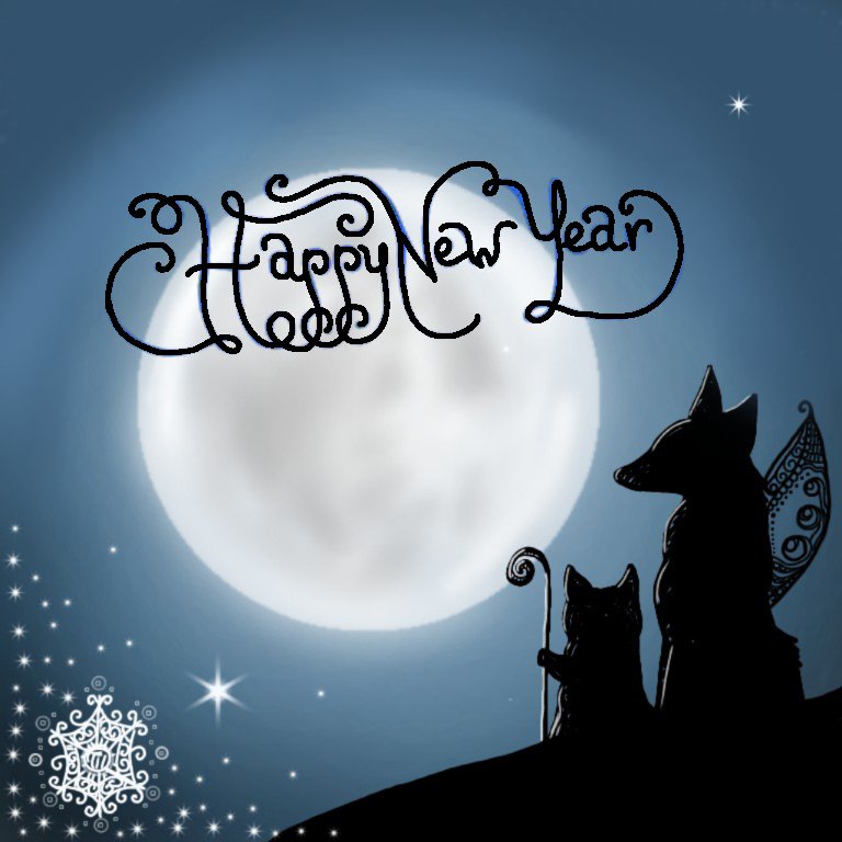 Happy New Year - звезда, собака, луна, снег, кошка - оригинал
