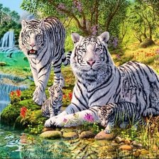 Схема вышивки «Белые тигры у водопада 2»