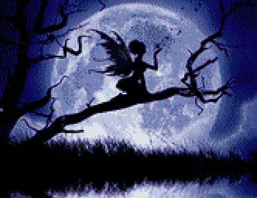 фея на дереве - ночь, фея, луна, фэнтези, крылья, синий - предпросмотр