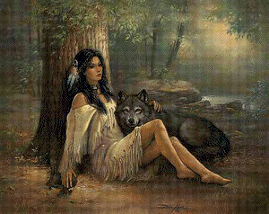 девушка с волком - волк, девушка, животные, природа - предпросмотр