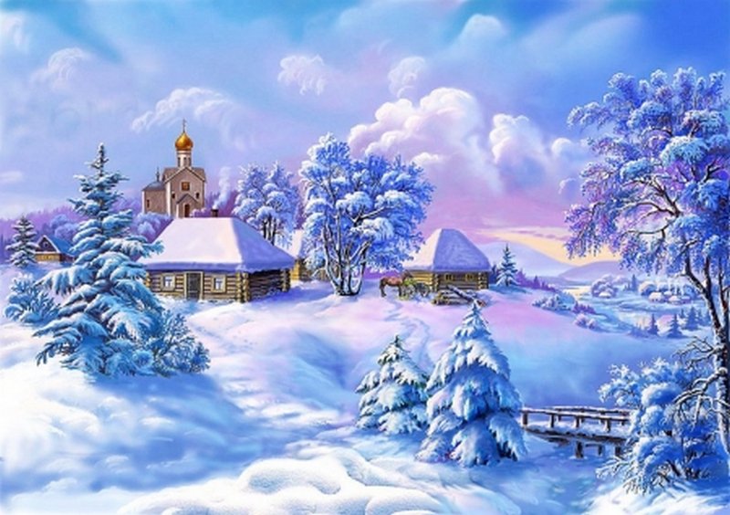 зима - деревья, дома, картина, мост, церквушка, снег - оригинал