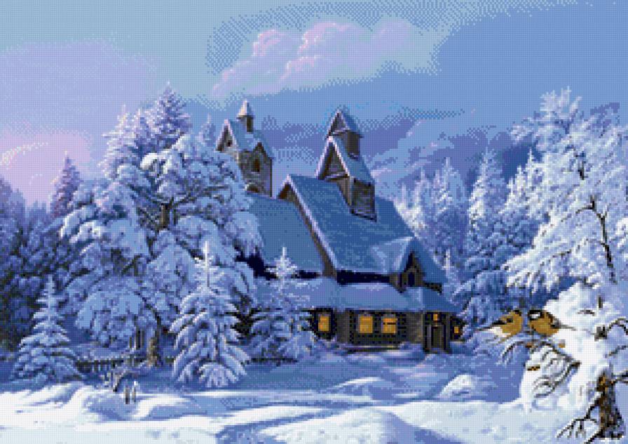 зима - синички, природа, дом, снег, картина виктора цыганова, вечер - предпросмотр