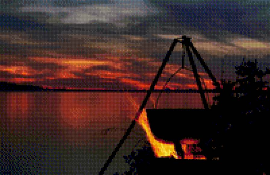 Костер на закате - костер, лес, огонь, природа, закат, вечер, котелок - предпросмотр