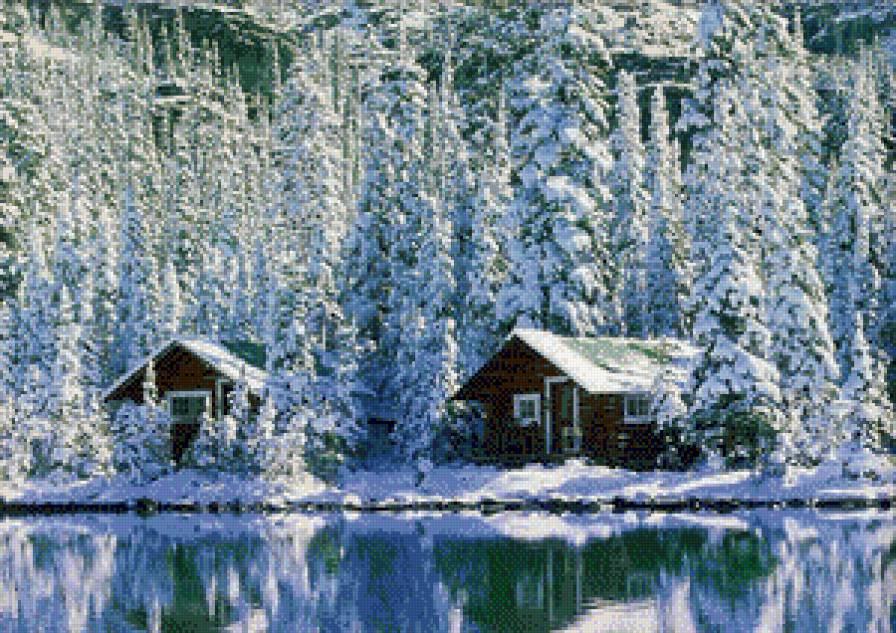 Зима в лесу - снег, избушка, озеро, деревья - предпросмотр