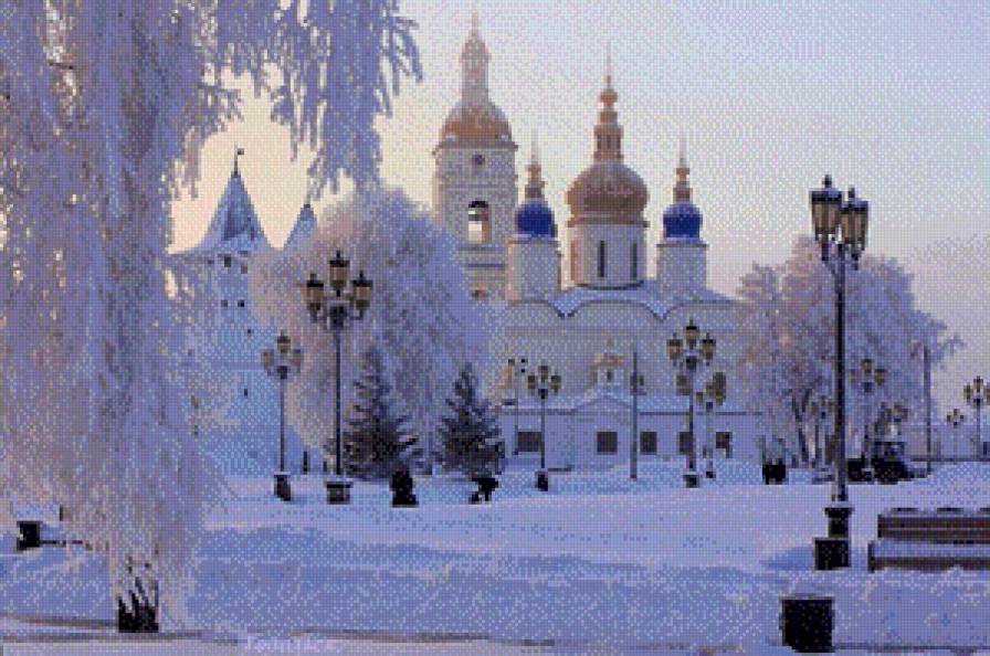 Рождество - снег, собор, деревья - предпросмотр