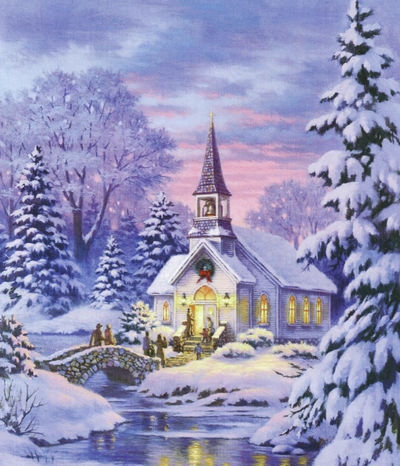 зимний вечер - мост, снег, елки, река, зима, дом - оригинал