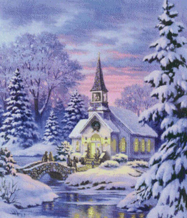 зимний вечер - река, снег, елки, дом, мост, зима - предпросмотр