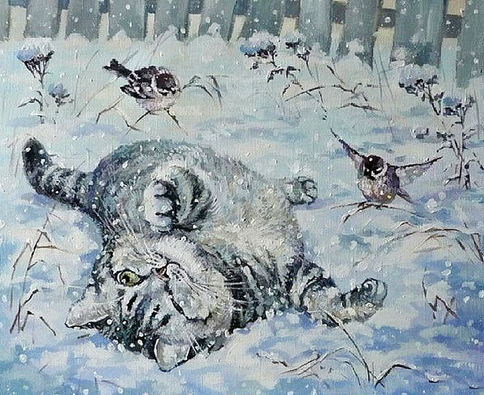 зимние забавы - птицы, снег, воробьи, кот, зима - оригинал