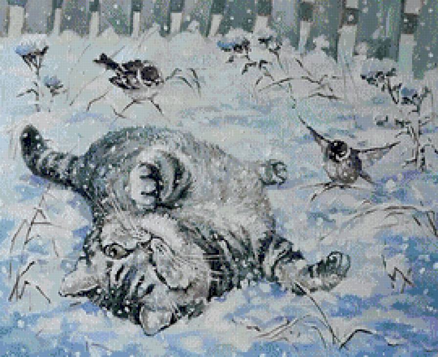 зимние забавы - зима, кот, птицы, воробьи, снег - предпросмотр