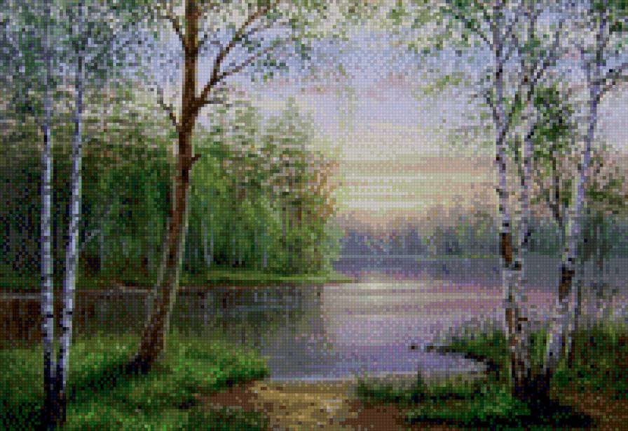 рассвет - рассвет, озеро, пейзаж, березы, красота - предпросмотр