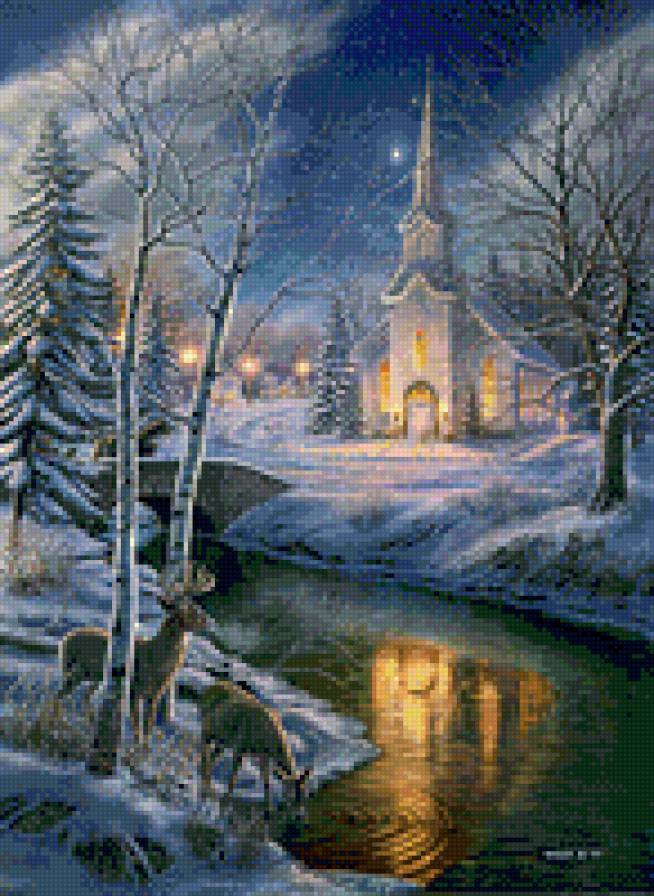 Рождество - пейзаж, деревня, рождество, зима, новый год, олени, ночь - предпросмотр