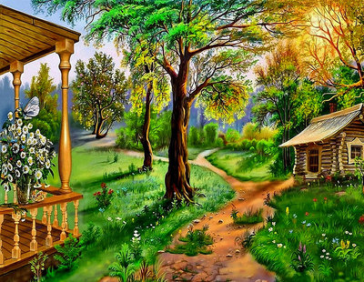 дачный поселок в лесу - тропинки, домики, деревья, лес - оригинал