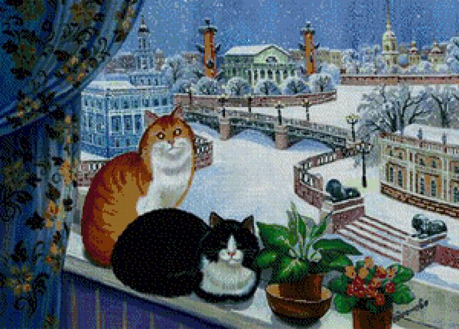 за окном-зима - снег, коты - предпросмотр