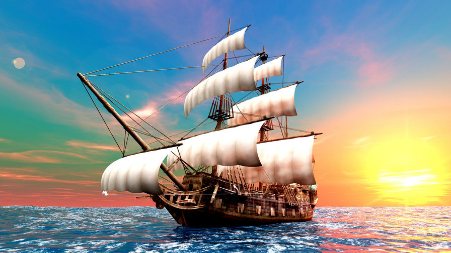 Парусник на восходе - море, парусник - оригинал