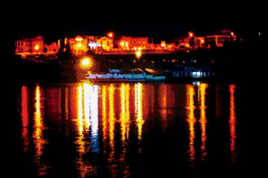 Ночная пристань - город, пейзаж, катер, ночь, река, огни - предпросмотр