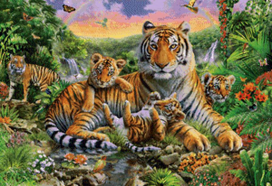Тигриная семья - зелень, животные, природа - предпросмотр