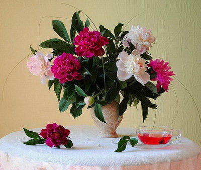 цветочный чай - стол, натюрморт, чай, букет - оригинал