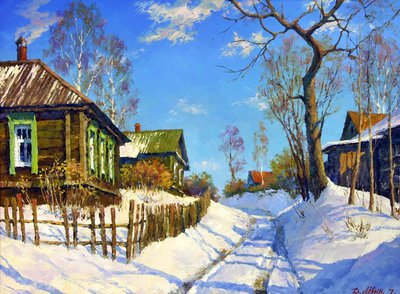зима в деревне - снег, деревья, двор, домики - оригинал