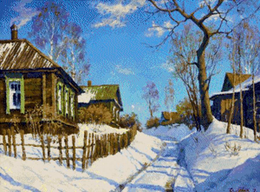 зима в деревне - снег, деревья, двор, домики - предпросмотр