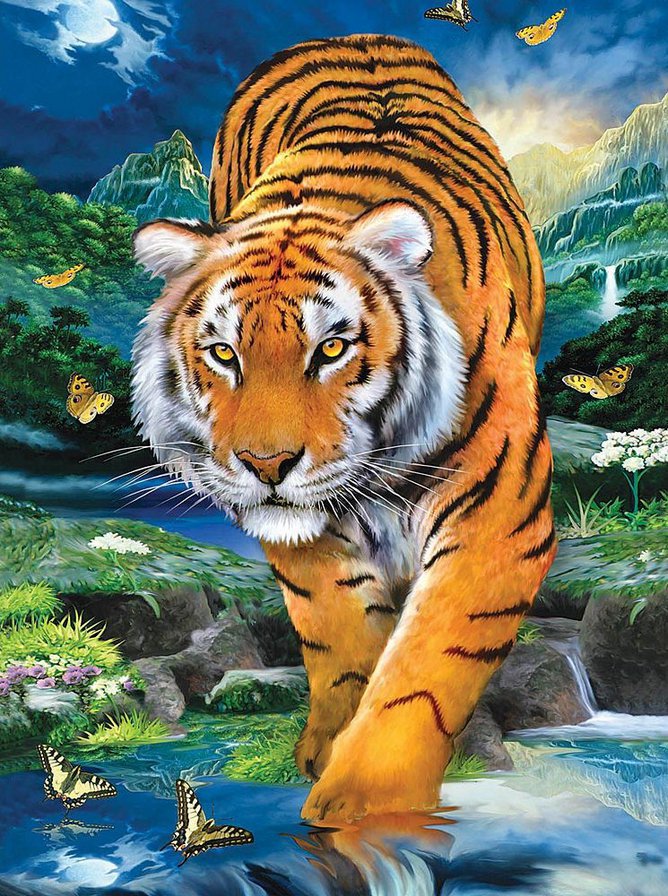 тигр - река, тигр, бабочки, животные - оригинал