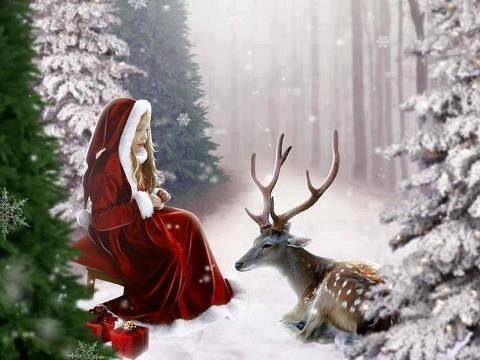 Девочка и олень - снег, животные, зима, люди - оригинал