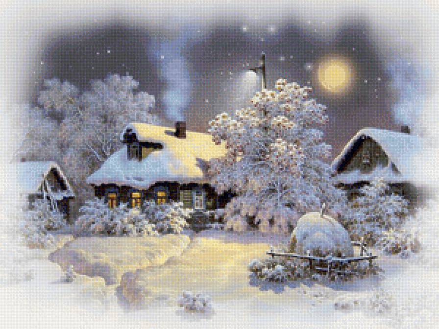 ночь на кануне Рождества - деревня, лунная ночь, дом, зима - предпросмотр