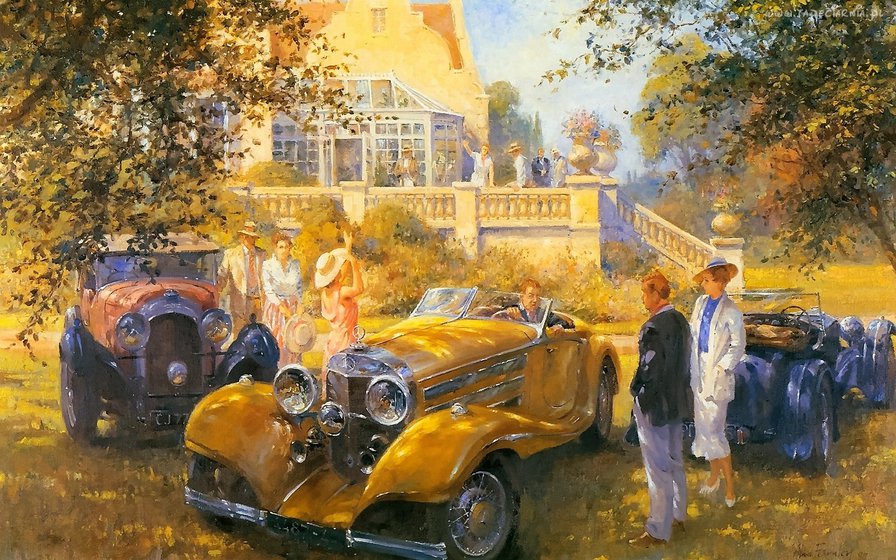 Ретро машины - дом, люди, картина, пейзаж, машины - оригинал