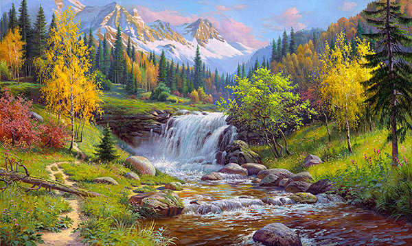 горный пейзаж - пейзаж, горы, водопад, природа, осень - оригинал