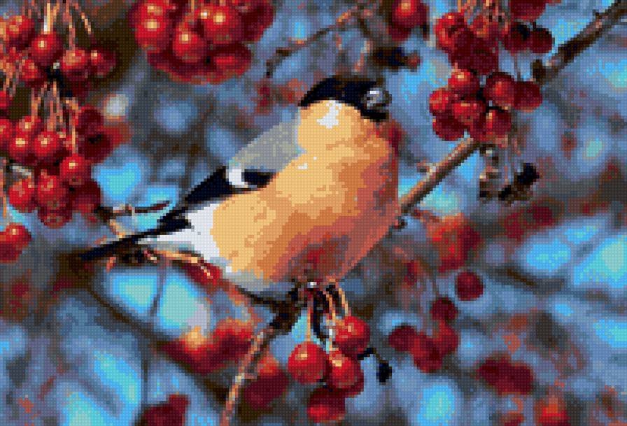 снегирь и рябина - деревья, птицы, зима - предпросмотр