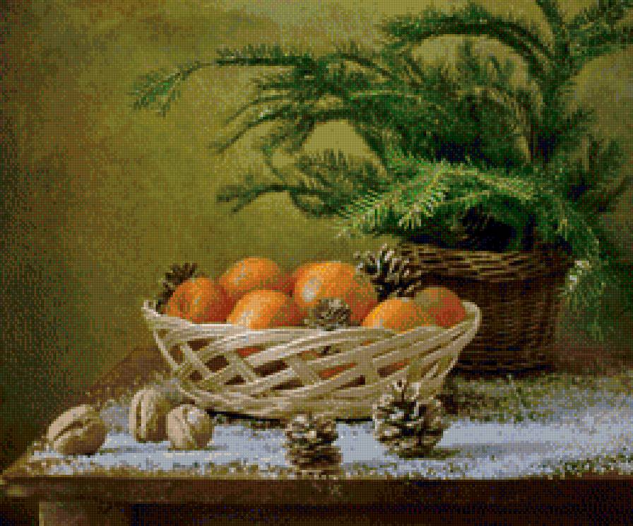 Апельсины - фрукты, ель, орехи - предпросмотр