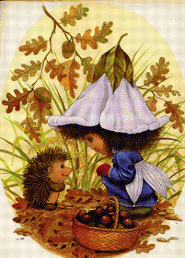 девочка в лесу - девочка, ежик, лес, грибы, корзинка - предпросмотр