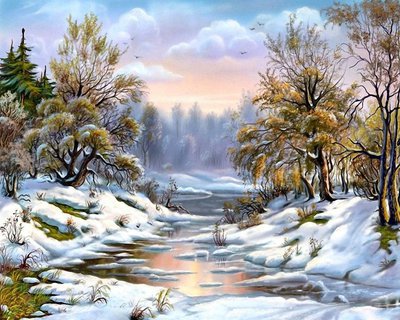 ранняя зима - лес, деревья, пейзаж.речка.снег - оригинал