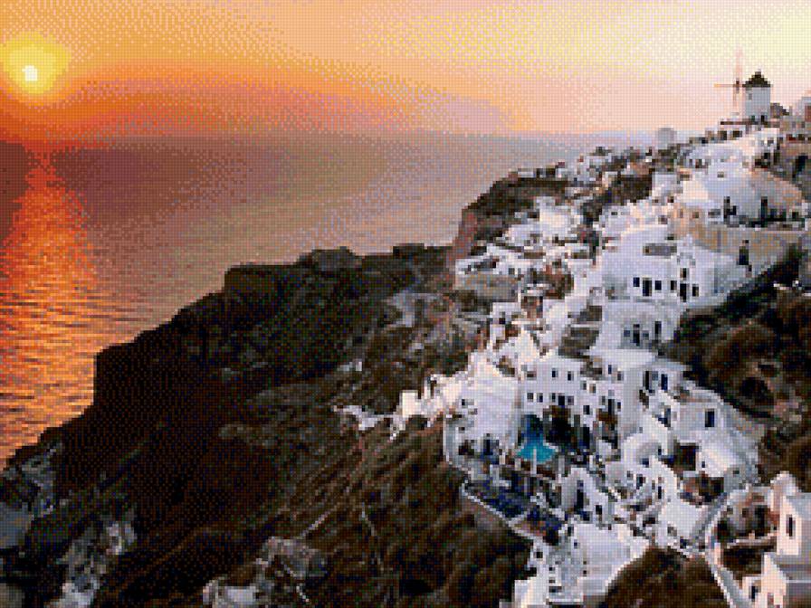 Греция, Санторини - горы, море, закат, пейзаж, город - предпросмотр