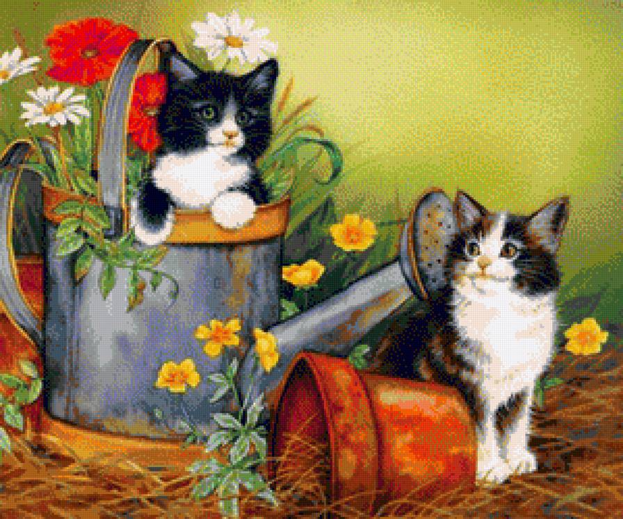 Помощники - горшочки, кошечки, животное, цветы, лейка - предпросмотр