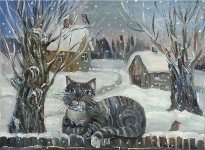 О.Величко_Кошка - зима, кошка, снег, кот, деревня - оригинал
